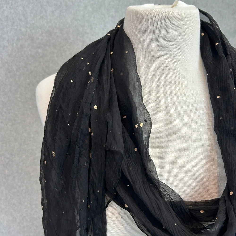 Eileen Fisher Sheer Silk Scarf Black Foil Sprinkled Crinkle Silk Gold Silver NEW